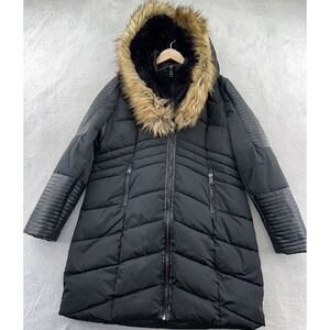 BEBE Jacket Women's Sz XL Black Puffer Faux Fur Hooded Full Zip Long